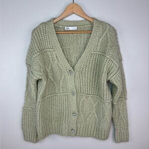 Zara Women's Sz. S Chunky Knit Oversized Green Cardigan W/ Rhinestone Buttons